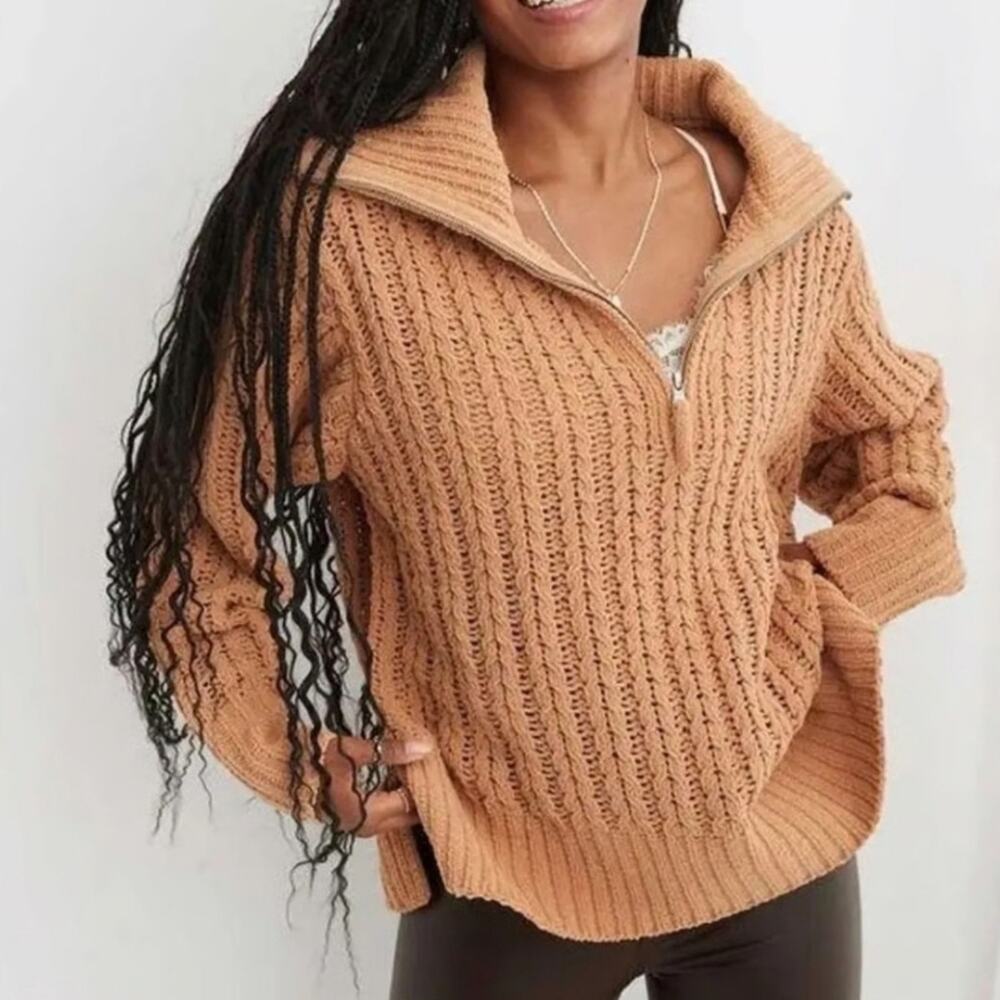 AERIE Cable Car Quarter Zip Fisherman Sweater In Tan Relaxed  Fit Cozy Sz Small